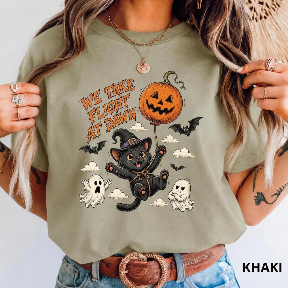 Funny Halloween Cat  Shirt, We Take Flight At Dawn Tee, Black Witch